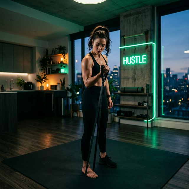 Woman doing bicep curls at home using Bahufit band